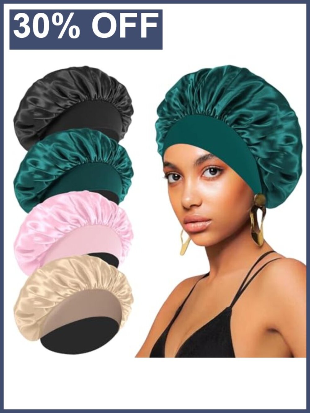 Silk Satin Bonnet 4-Pack Elastic Wide Band Hair Wrap Cap for Curly Hair